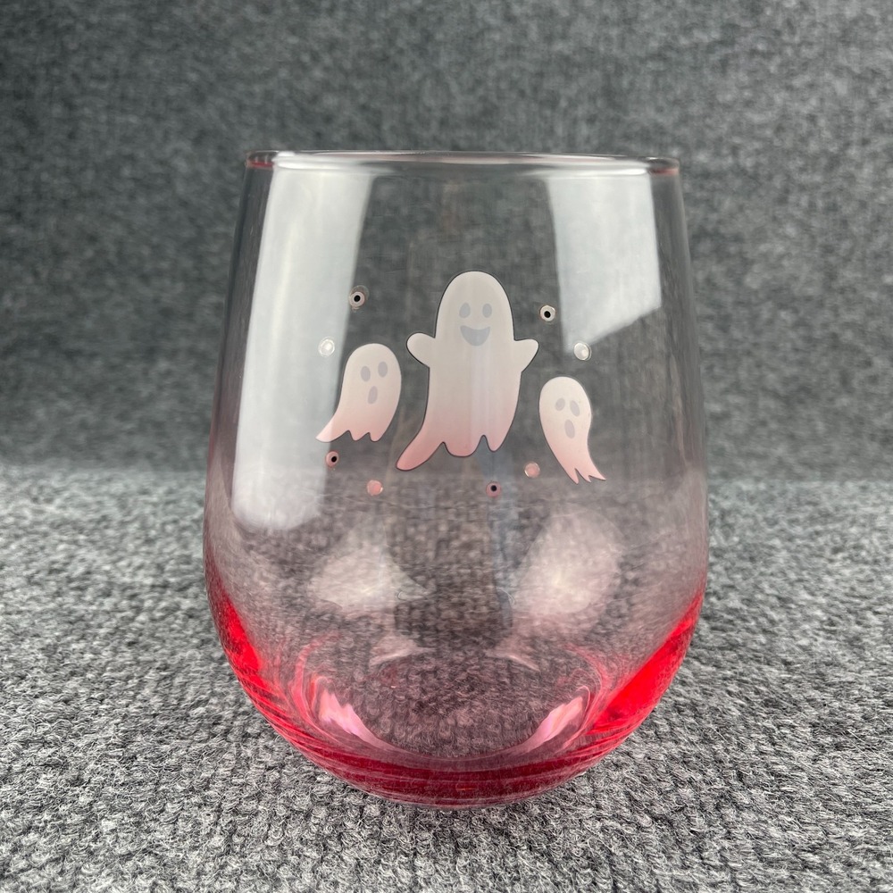 Cobwebs & Cauldrons Halloween Pink Ghost Rhinestone Stemless Wine Glass NEW - Picture 9 of 14